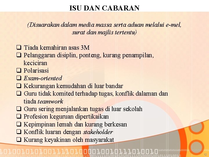 ISU DAN CABARAN (Disuarakan dalam media massa serta aduan melalui e-mel, surat dan majlis