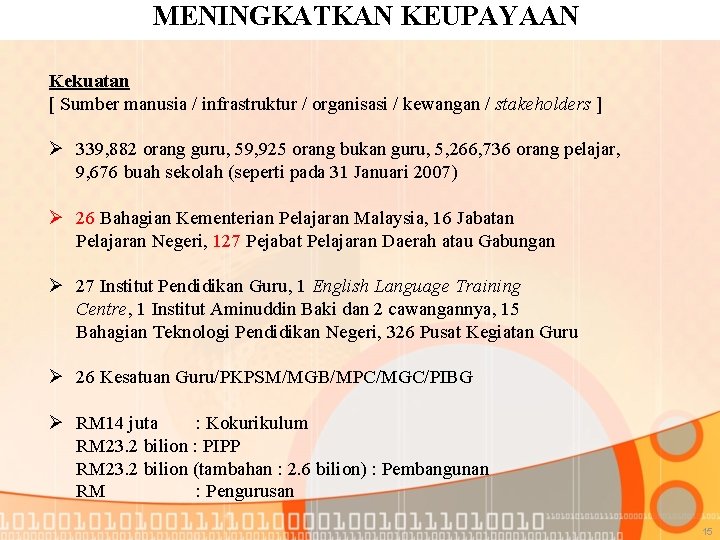 MENINGKATKAN KEUPAYAAN Kekuatan [ Sumber manusia / infrastruktur / organisasi / kewangan / stakeholders