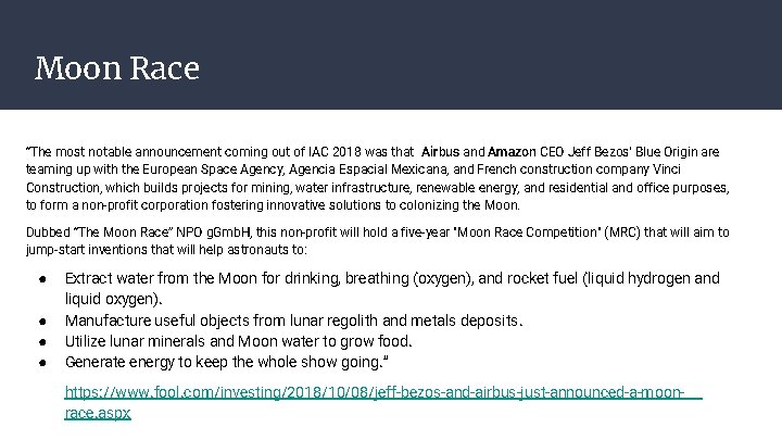 Moon Race “The most notable announcement coming out of IAC 2018 was that Airbus