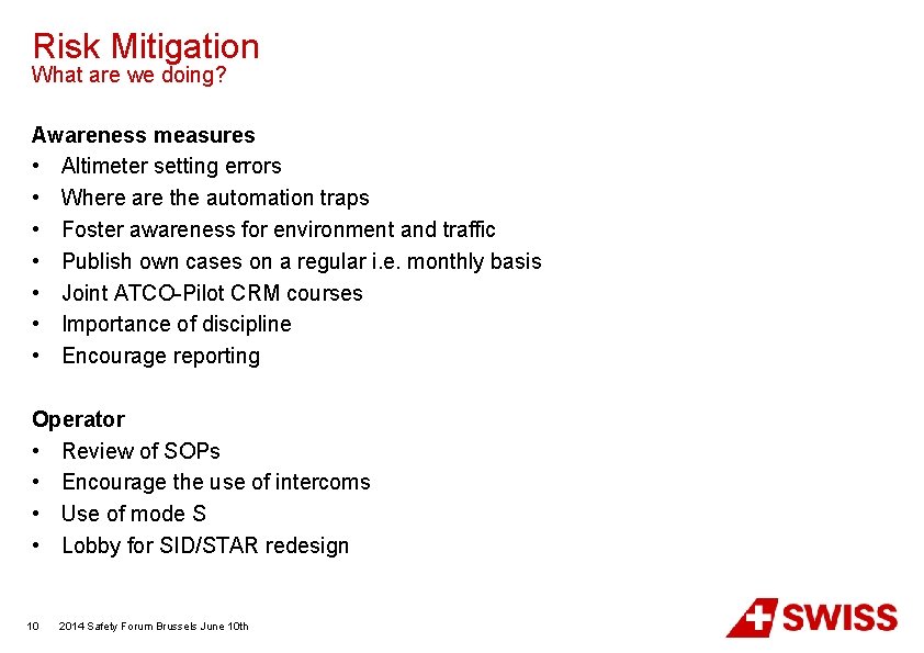 Risk Mitigation What are we doing? Awareness measures • Altimeter setting errors • Where