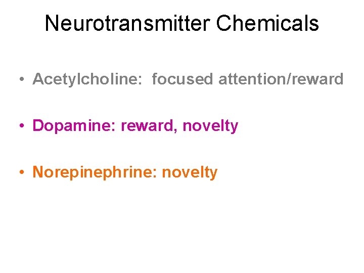 Neurotransmitter Chemicals • Acetylcholine: focused attention/reward • Dopamine: reward, novelty • Norepinephrine: novelty 