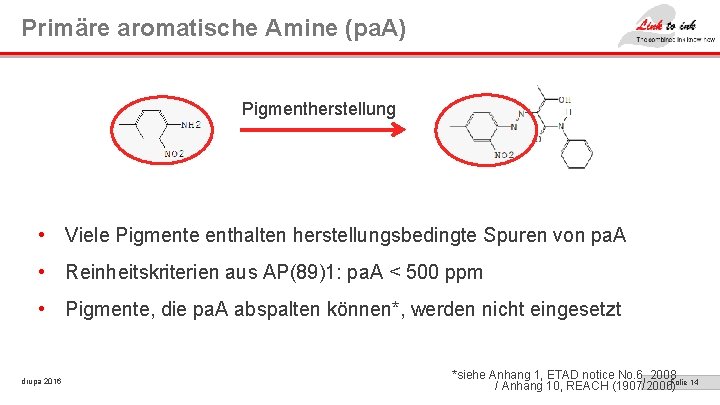 Primäre aromatische Amine (pa. A) Pigmentherstellung • Viele Pigmente enthalten herstellungsbedingte Spuren von pa.