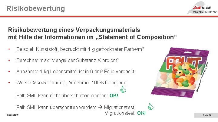 Risikobewertung eines Verpackungsmaterials mit Hilfe der Informationen im „Statement of Composition“ Annahme: 1 kg