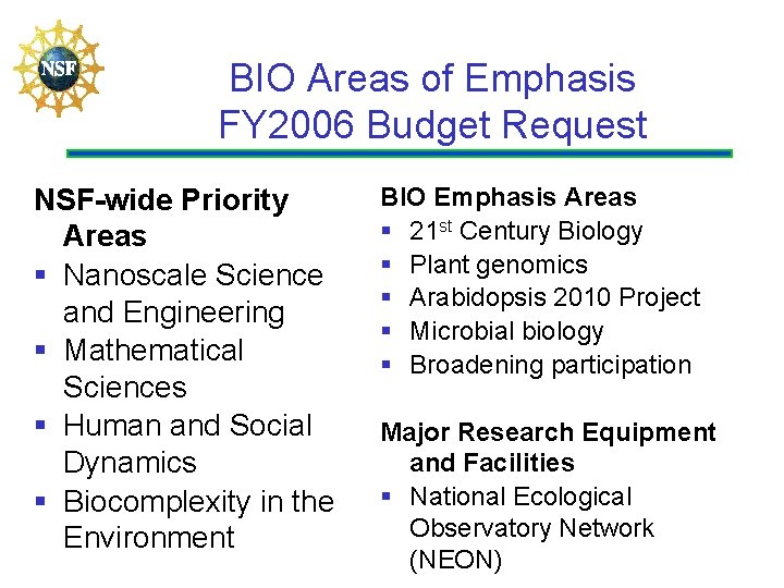 BIO Areas of Emphasis FY 2006 Budget Request NSF-wide Priority Areas § Nanoscale Science