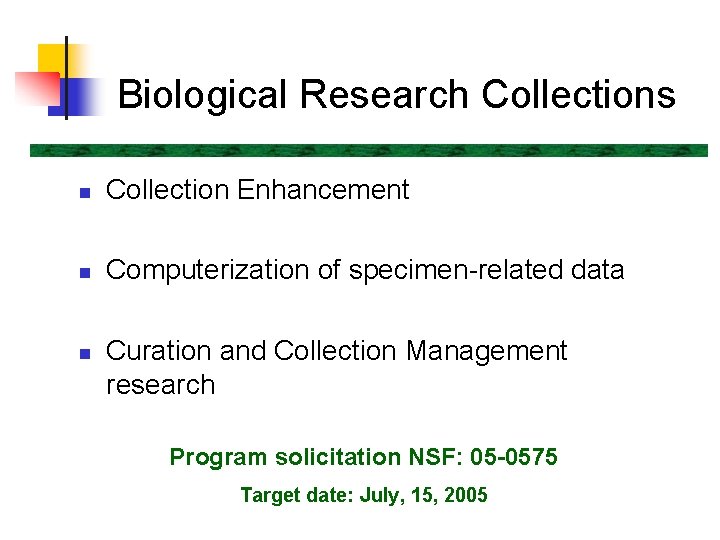 Biological Research Collections n Collection Enhancement n Computerization of specimen-related data n Curation and