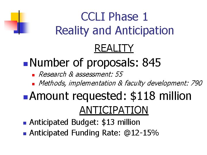 CCLI Phase 1 Reality and Anticipation REALITY n Number of proposals: 845 n n