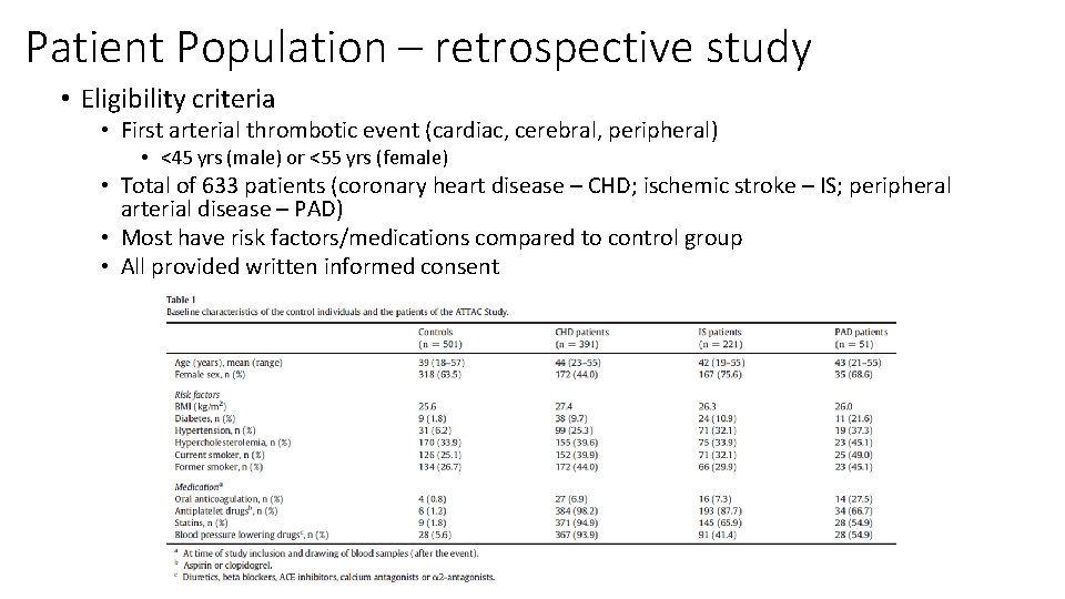 Patient Population – retrospective study • Eligibility criteria • First arterial thrombotic event (cardiac,