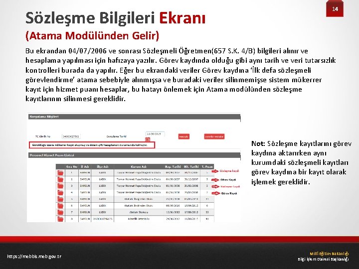 Sözleşme Bilgileri Ekranı 14 (Atama Modülünden Gelir) Bu ekrandan 04/07/2006 ve sonrası Sözleşmeli Öğretmen(657