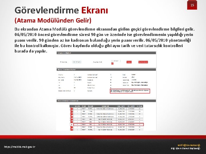 Görevlendirme Ekranı 15 (Atama Modülünden Gelir) Bu ekrandan Atama Modülü görevlendirme ekranından girilen geçici