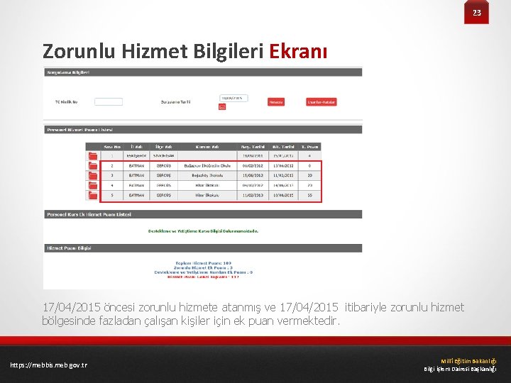 23 Zorunlu Hizmet Bilgileri Ekranı 17/04/2015 öncesi zorunlu hizmete atanmış ve 17/04/2015 itibariyle zorunlu