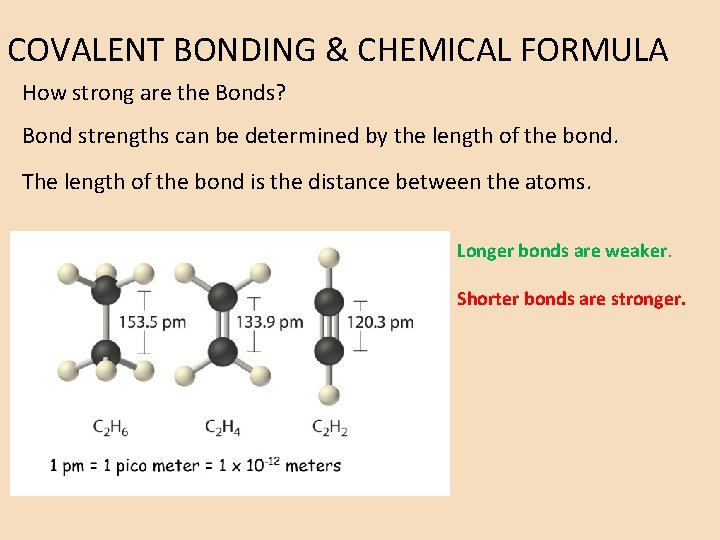 COVALENT BONDING & CHEMICAL FORMULA How strong are the Bonds? Bond strengths can be