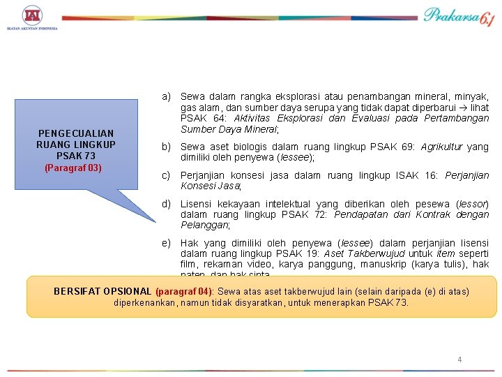 PENGECUALIAN RUANG LINGKUP PSAK 73 (Paragraf 03) a) Sewa dalam rangka eksplorasi atau penambangan