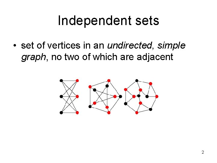 Independent sets • set of vertices in an undirected, simple graph, no two of