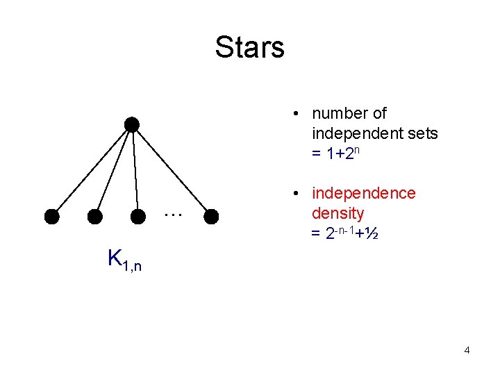 Stars • number of independent sets = 1+2 n … • independence density =