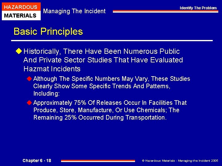 HAZARDOUS MATERIALS Managing The Incident Identify The Problem Basic Principles u Historically, There Have