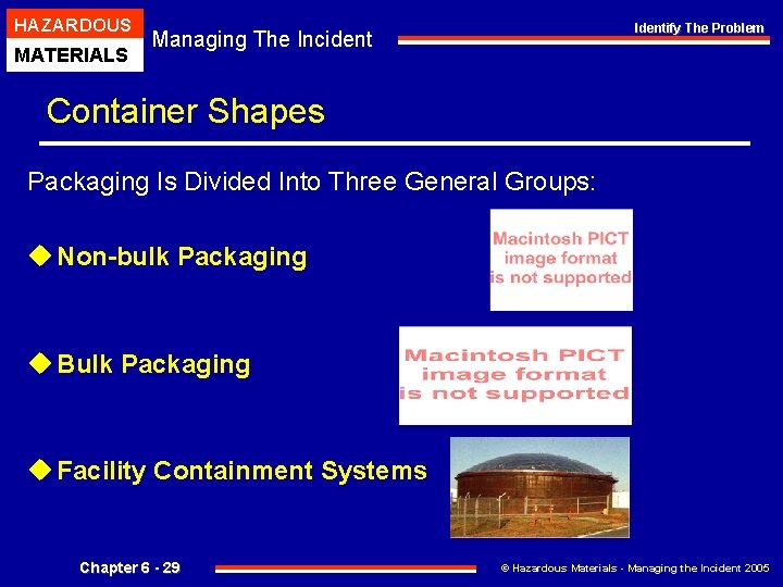 HAZARDOUS MATERIALS Identify The Problem Managing The Incident Container Shapes Packaging Is Divided Into