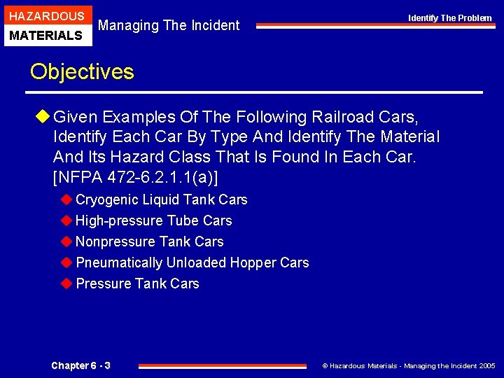 HAZARDOUS MATERIALS Managing The Incident Identify The Problem Objectives u Given Examples Of The