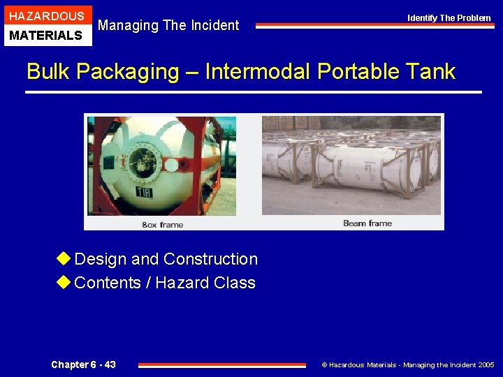 HAZARDOUS MATERIALS Managing The Incident Identify The Problem Bulk Packaging – Intermodal Portable Tank