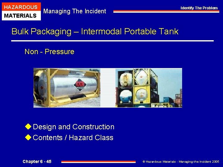 HAZARDOUS MATERIALS Identify The Problem Managing The Incident Bulk Packaging – Intermodal Portable Tank