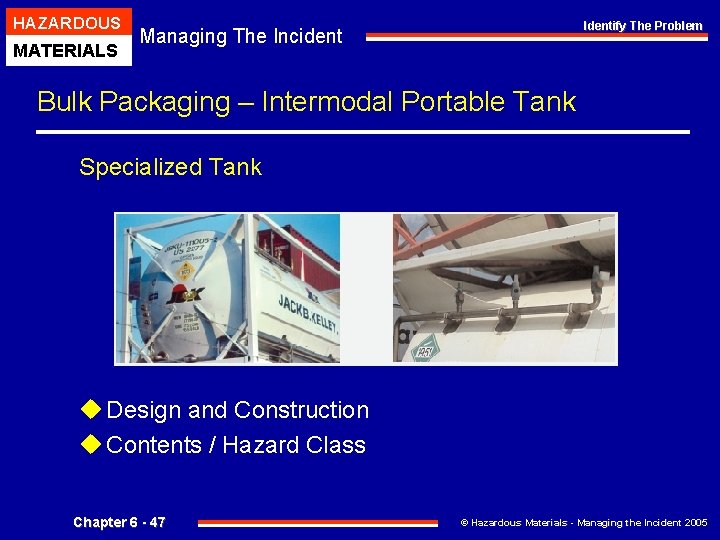 HAZARDOUS MATERIALS Identify The Problem Managing The Incident Bulk Packaging – Intermodal Portable Tank