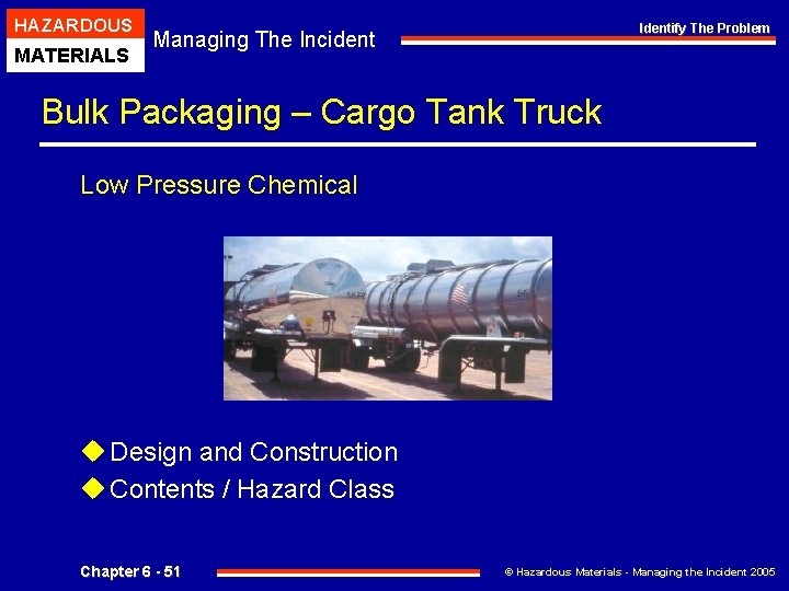 HAZARDOUS MATERIALS Identify The Problem Managing The Incident Bulk Packaging – Cargo Tank Truck