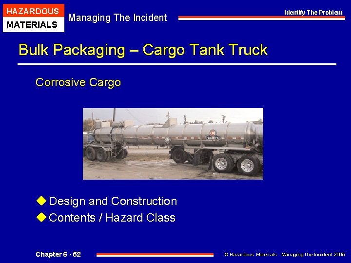 HAZARDOUS MATERIALS Identify The Problem Managing The Incident Bulk Packaging – Cargo Tank Truck