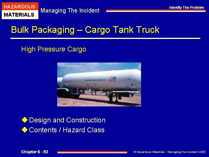 HAZARDOUS MATERIALS Identify The Problem Managing The Incident Bulk Packaging – Cargo Tank Truck