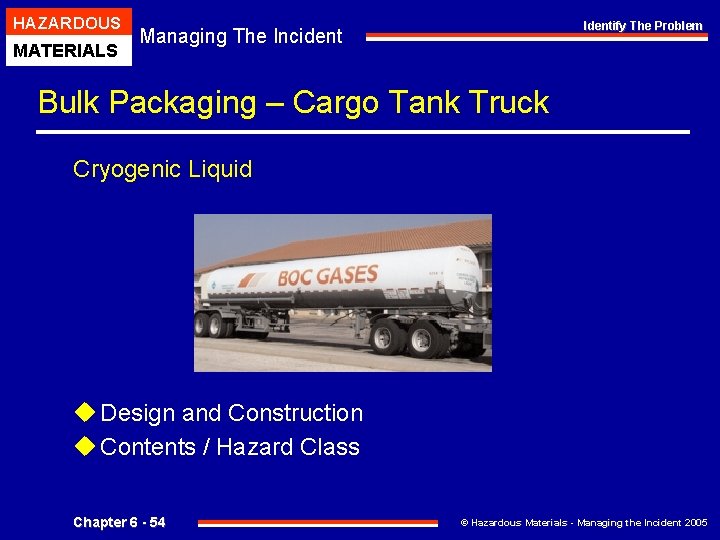 HAZARDOUS MATERIALS Identify The Problem Managing The Incident Bulk Packaging – Cargo Tank Truck