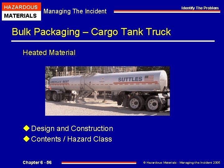 HAZARDOUS MATERIALS Identify The Problem Managing The Incident Bulk Packaging – Cargo Tank Truck