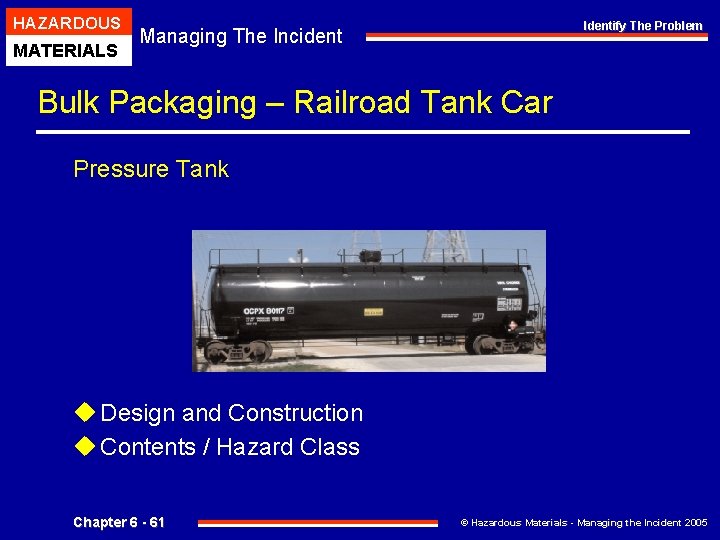 HAZARDOUS MATERIALS Identify The Problem Managing The Incident Bulk Packaging – Railroad Tank Car