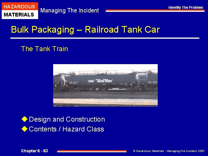HAZARDOUS MATERIALS Identify The Problem Managing The Incident Bulk Packaging – Railroad Tank Car