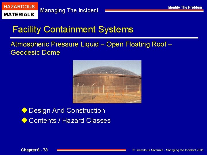HAZARDOUS MATERIALS Identify The Problem Managing The Incident Facility Containment Systems Atmospheric Pressure Liquid