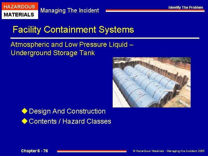 HAZARDOUS MATERIALS Identify The Problem Managing The Incident Facility Containment Systems Atmospheric and Low