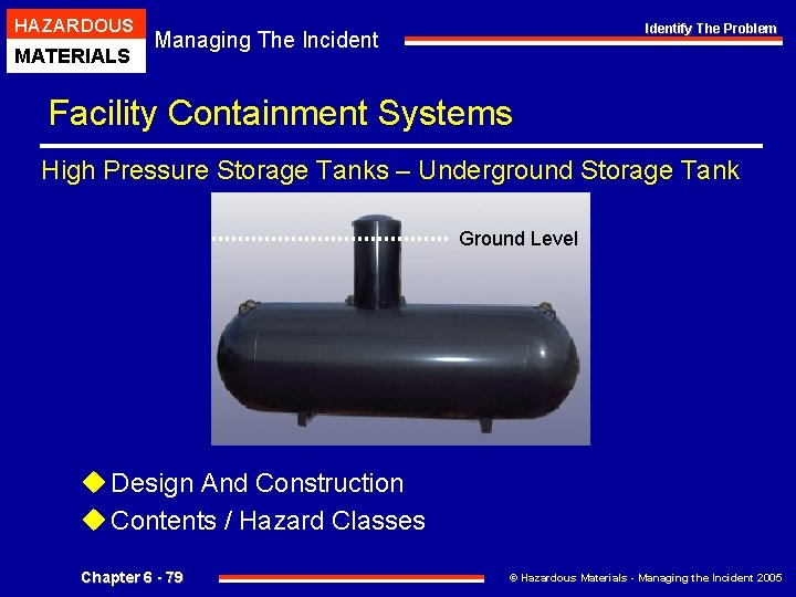 HAZARDOUS MATERIALS Identify The Problem Managing The Incident Facility Containment Systems High Pressure Storage