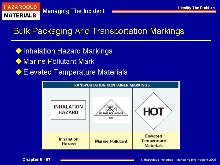 HAZARDOUS MATERIALS Managing The Incident Identify The Problem Bulk Packaging And Transportation Markings u