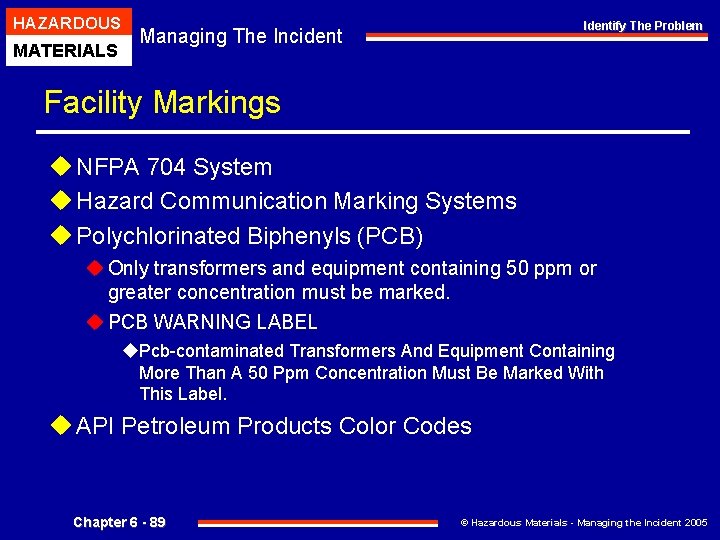 HAZARDOUS MATERIALS Identify The Problem Managing The Incident Facility Markings u NFPA 704 System