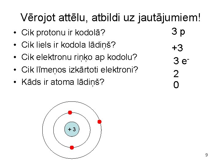 Vērojot attēlu, atbildi uz jautājumiem! • • • Cik protonu ir kodolā? Cik liels