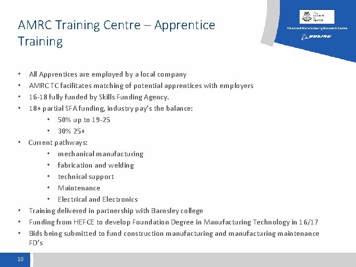 AMRC Training Centre – Apprentice Training • • 10 All Apprentices are employed by