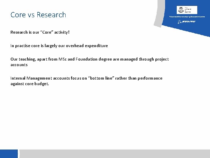 Core vs Research is our “Core” activity! In practise core is largely our overhead