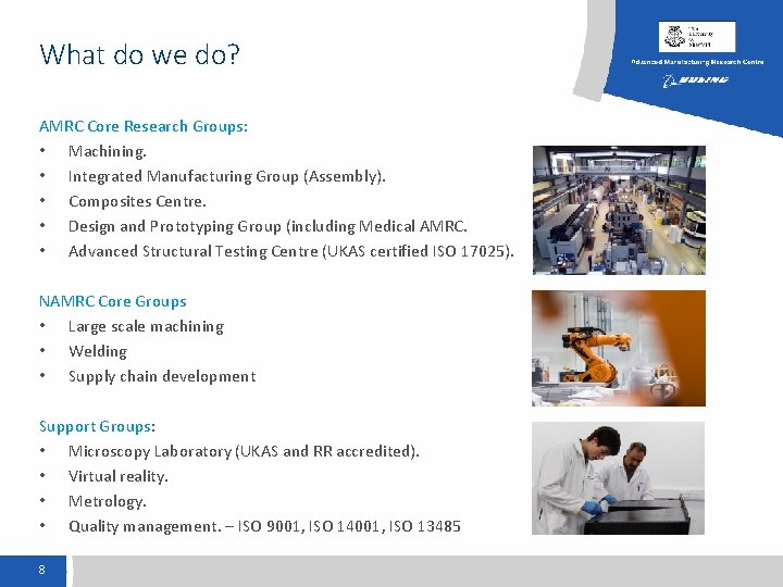 What do we do? AMRC Core Research Groups: • Machining. • Integrated Manufacturing Group