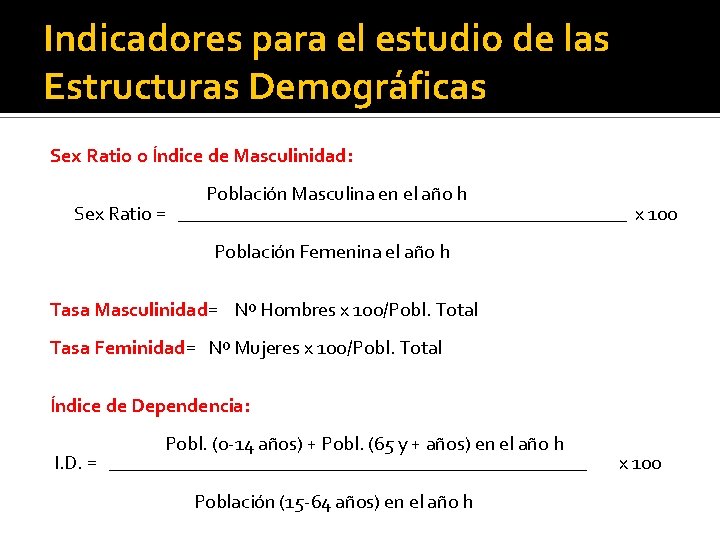 Indicadores para el estudio de las Estructuras Demográficas Sex Ratio o Índice de Masculinidad: