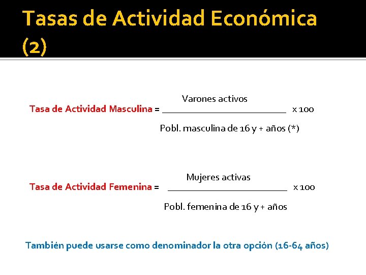 Tasas de Actividad Económica (2) Varones activos Tasa de Actividad Masculina = _____________ x