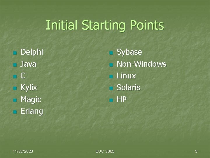 Initial Starting Points n n n Delphi Java C Kylix Magic Erlang 11/22/2020 n