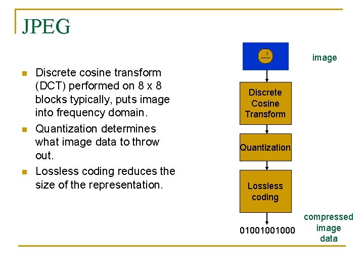 JPEG image n n n Discrete cosine transform (DCT) performed on 8 x 8