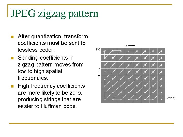 JPEG zigzag pattern n After quantization, transform coefficients must be sent to lossless coder.