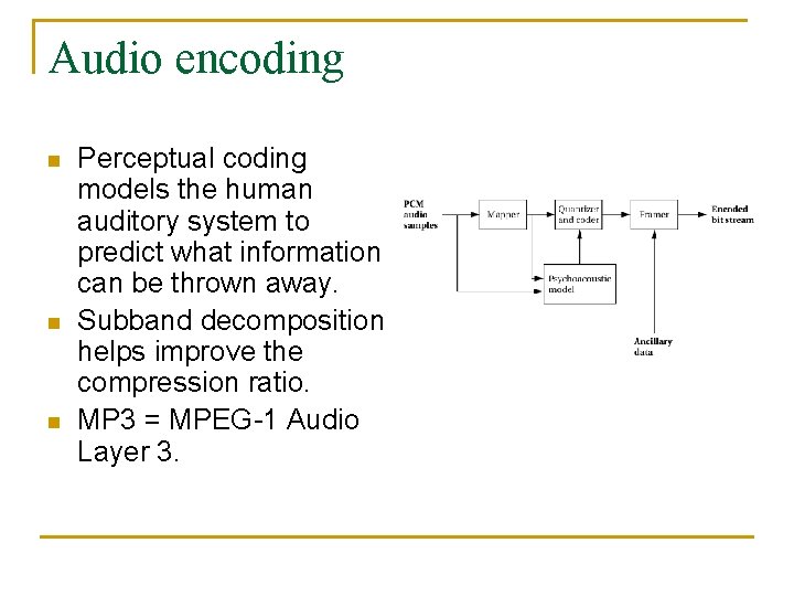 Audio encoding n n n Perceptual coding models the human auditory system to predict
