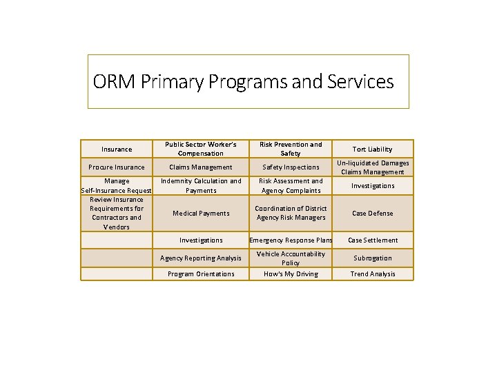 ORM Primary Programs and Services Insurance Public Sector Worker’s Compensation Risk Prevention and Safety