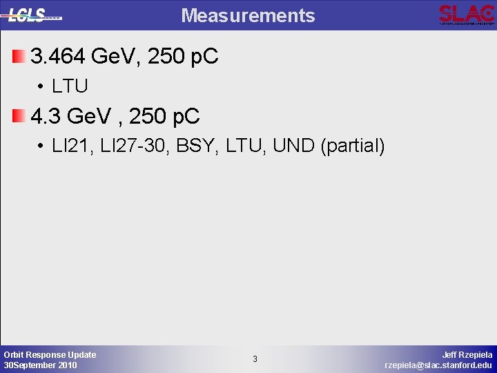 Measurements 3. 464 Ge. V, 250 p. C • LTU 4. 3 Ge. V