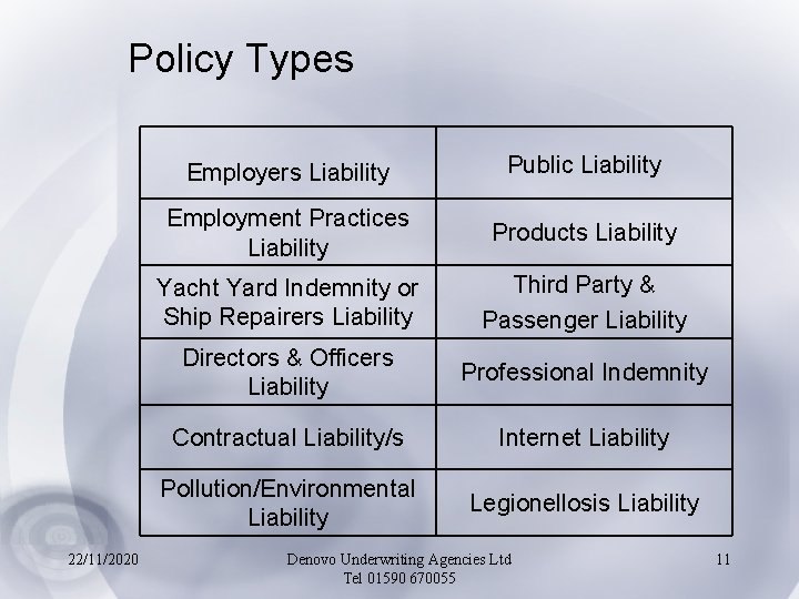 Policy Types 22/11/2020 Employers Liability Public Liability Employment Practices Liability Products Liability Yacht Yard