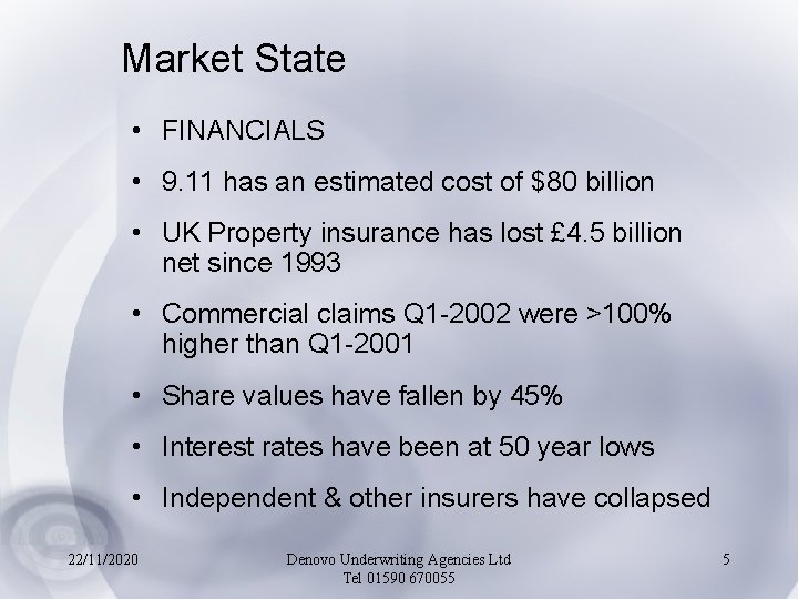 Market State • FINANCIALS • 9. 11 has an estimated cost of $80 billion